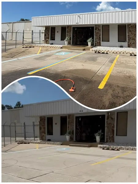 Stacked comparison of a commercial building's parking area, stained dark concrete on top and lighter even concrete below