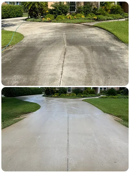 Stacked comparison of a curved concrete driveway, dull stained gray on top and lighter clean concrete below