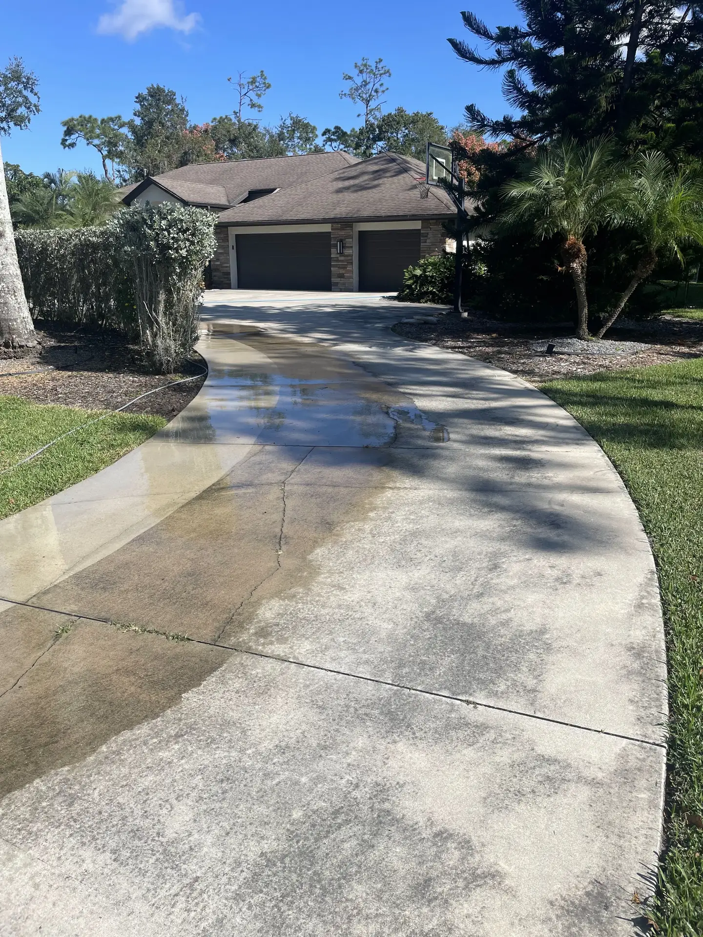 Curving concrete driveway with a wet cleaned section and a dry stained section leading toward a brown tile roof house