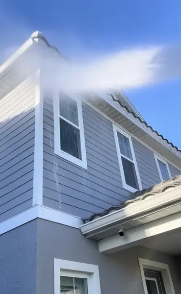 Water spray over the eave of a gray two story house, with a white gutter along the tile roof edge