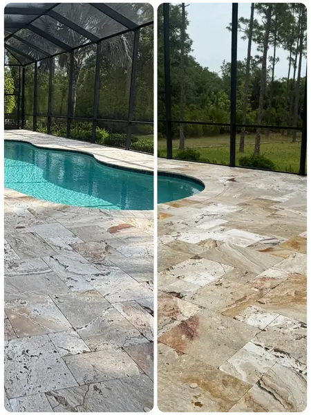 Side by side travertine pool deck inside a screen enclosure, dull grey stone on the left and brighter warm stone on the right