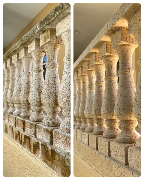 Before and after of cream stone balusters, green and orange stained on the left and clean on the right