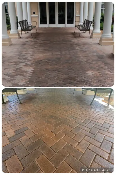 Two photos of a paver entrance under white columns: stained, dark pavers above and cleaner orange-brown pavers below
