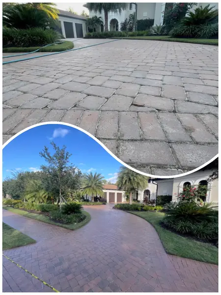Two photos joined by a curved white divider: a weathered gray paver driveway above and a clean red-brown driveway below