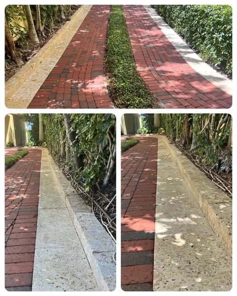 Three views of a brick walkway edged with pale coral or shell stone curbing: a wide view above and two close views below