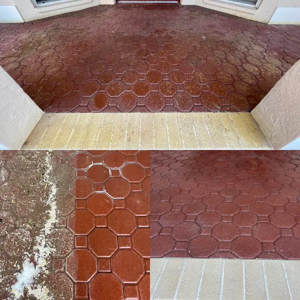 Grid of red octagon entry pavers: faded blotchy above, half cleaned at lower left, clean red at lower right