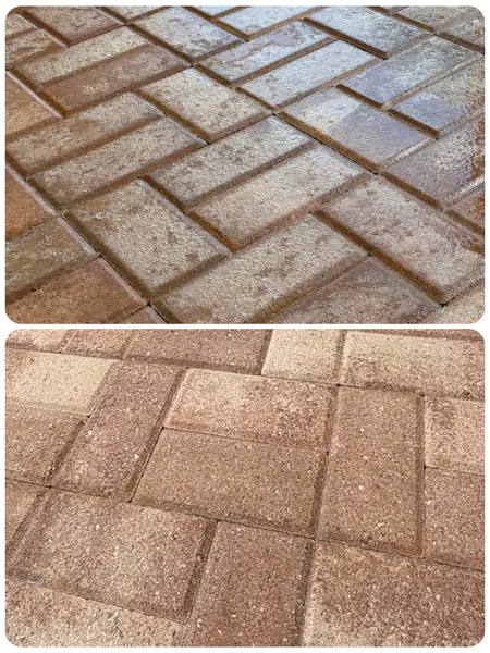Two photos stacked: wet herringbone pavers with pale blotchy patches above and an even pinkish-tan paver surface below