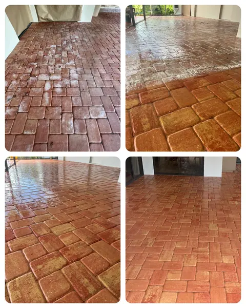 Four photo grid of brick pavers on a covered patio: dull and hazy, half stripped, wet and bright, then dry and orange-red
