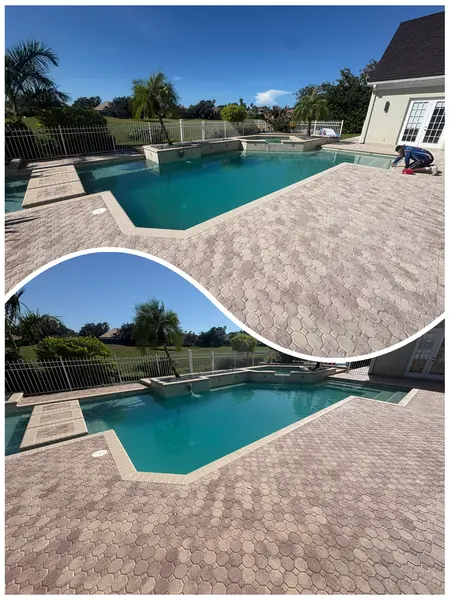 Two views of a brick paver pool deck around a pool and spa, a worker kneeling at the far edge in the larger view