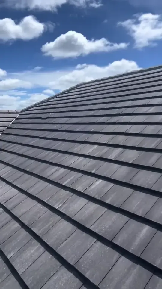 Cleaning a tile roof, with a cleaned band beside the dirty tiles.
